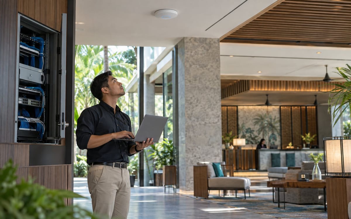 Network engineer checking a managed Wi-Fi access point and structured network cabinet in a modern business environment.